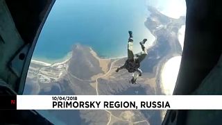 Russian paratroopers film their drill jumps