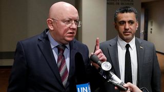 Russia's UN ambassador Vassily Nebenzia addresses reporters