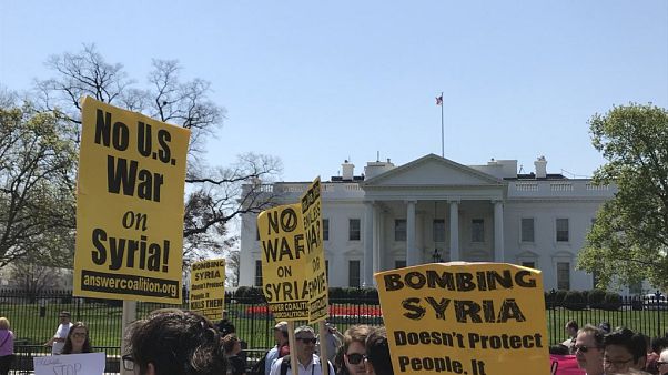 Watch: Protests against Syria air strikes take place outside White House Watch: Protests against Syria air strikes take place outside White House