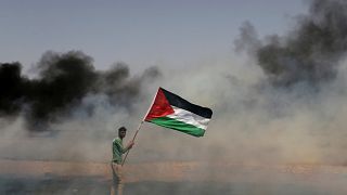 Un manifestant portant le drapeau palestinien