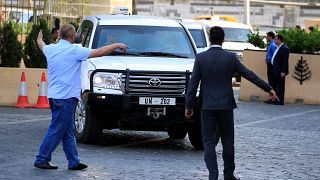 UN vehicles carrying OPCW inspectors in Damascus on April 14, 2018.