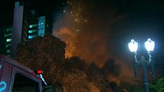 moment blazing building collapses in Sao Paulo