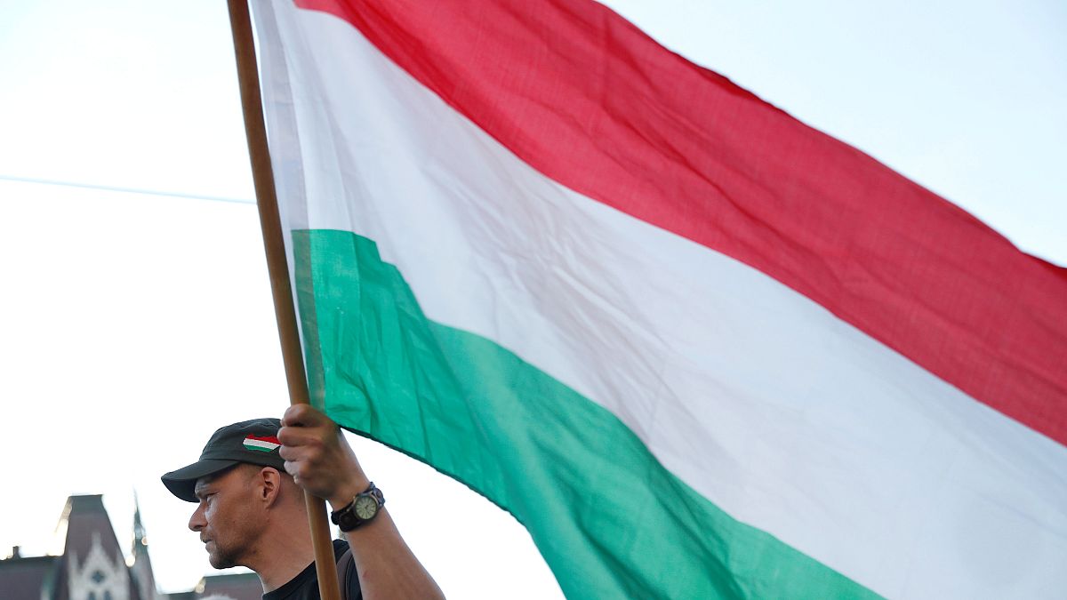 Un hombre sujeta una bandera húngara en una protesta contra Orbán