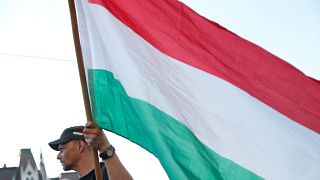 Un hombre sujeta una bandera húngara en una protesta contra Orbán