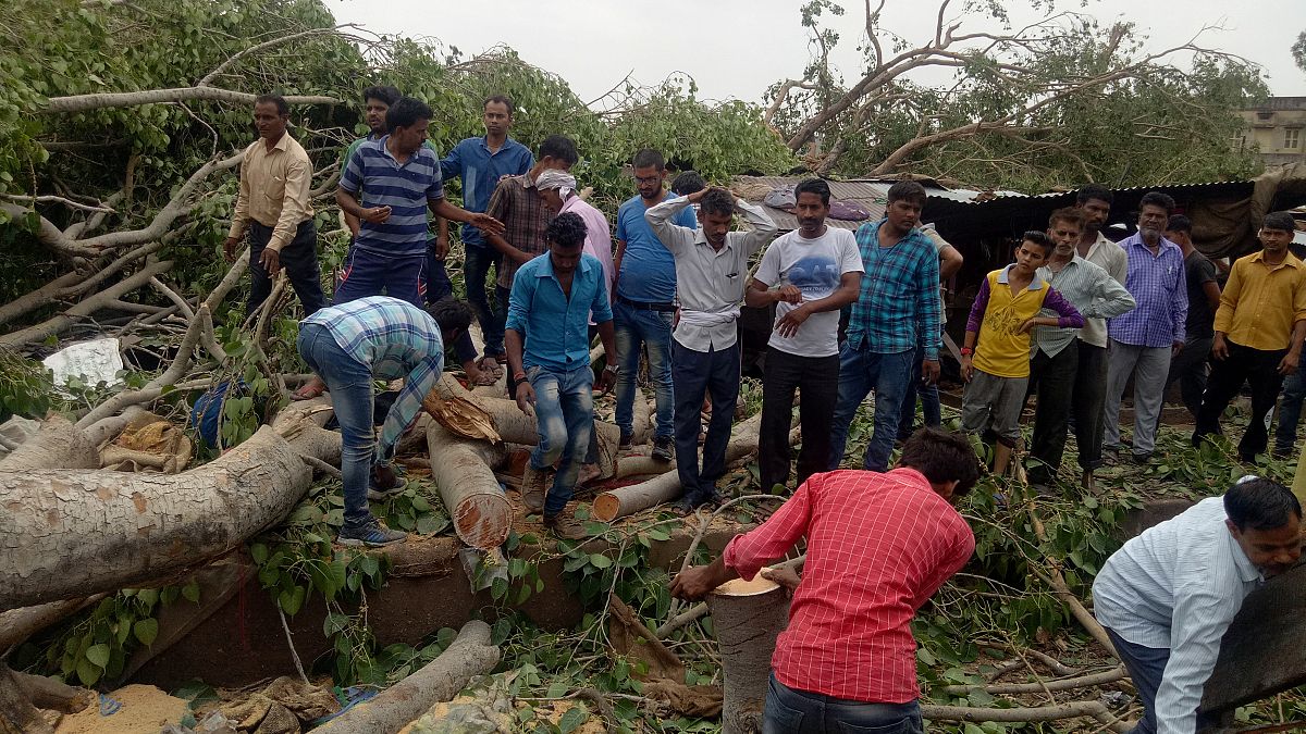 People remove trees uprooted by storms in Alwar, Rajasthan, May 3, 2018