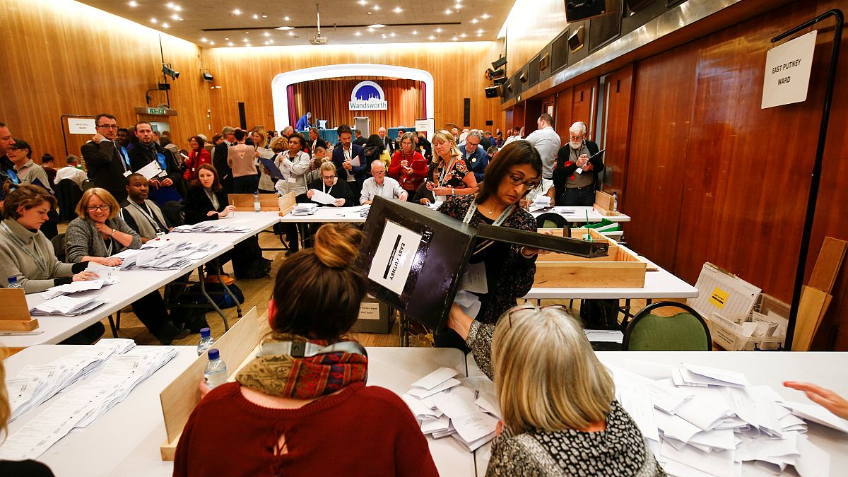 Volunteers count ballot papers in Wandsworth, London, May 3, 2018