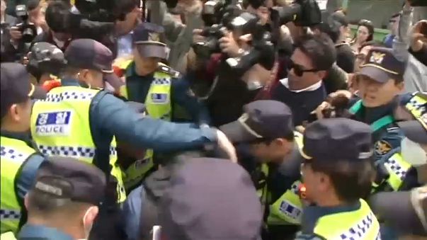 Image result for Inter-Korean border protesters scuffle with Police