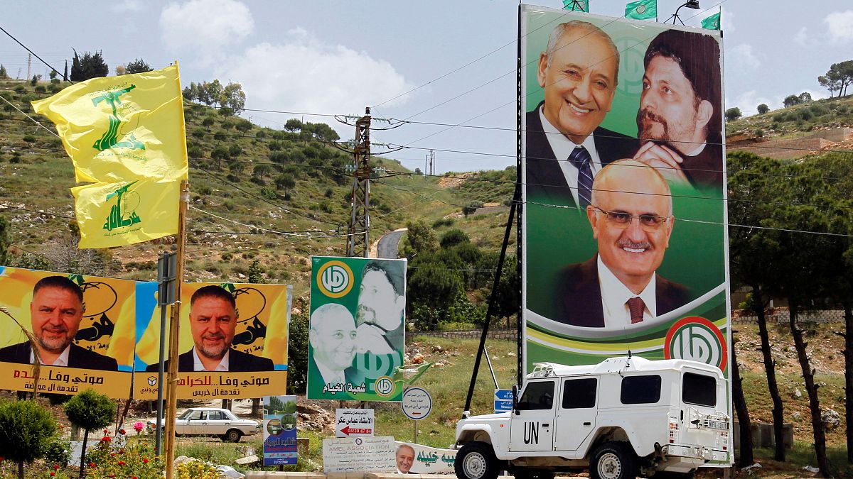 لافتات صور لمرشحي المجلس النيابي في لبنان في منطقة مرجعيون