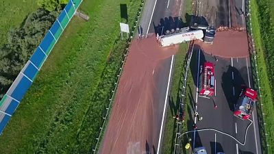 Tons of liquid chocolate spilled from overturned truck on Polish highway
