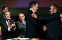 Colombian President Juan Manuel Santos and FARC leader Rodrigo Londono