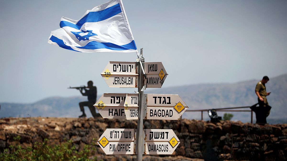 Signs and flag at Golan Heights