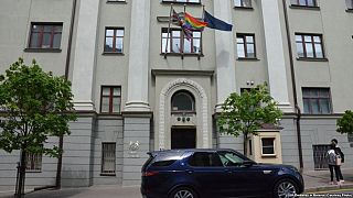 The rainbow flag displayed at the UK embassy in Minsk, Belarus, on May 17