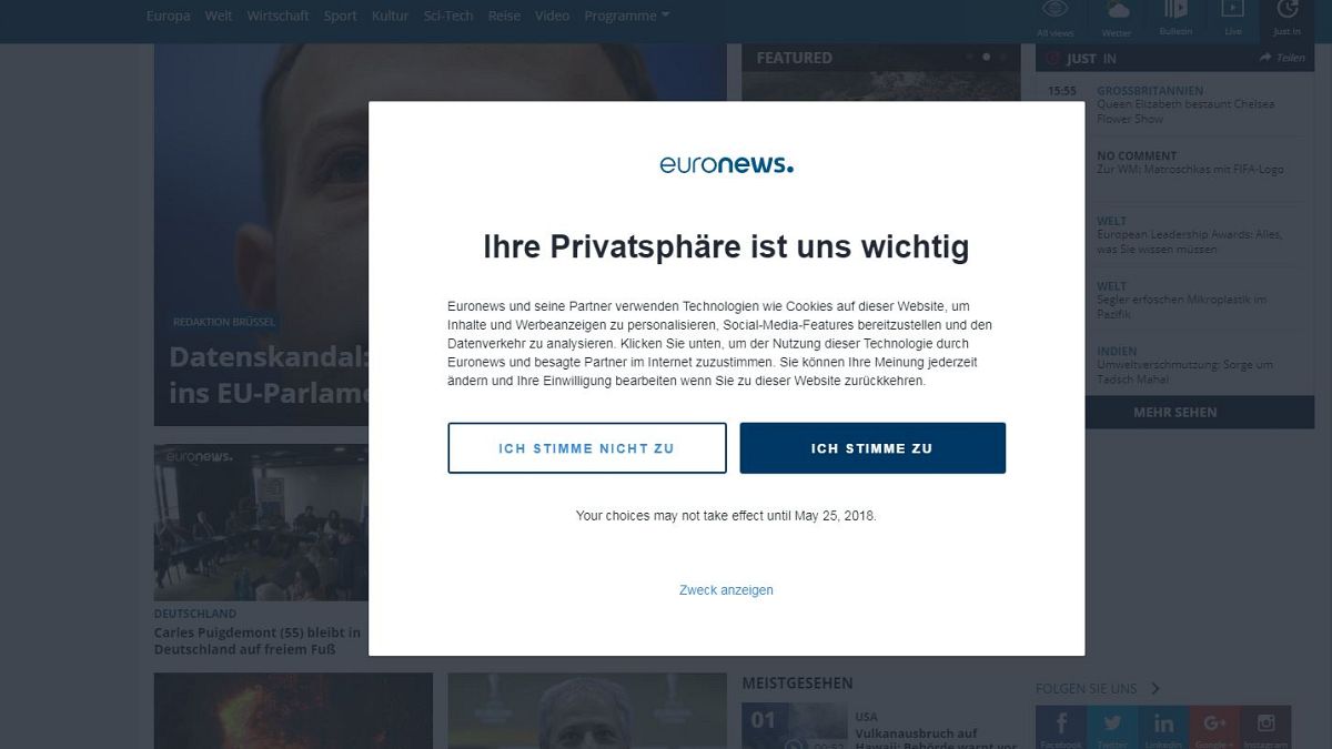 A privacy notice on Euronews' German site