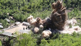 A command post and barracks of Punggye-ri nuclear test ground are blown up
