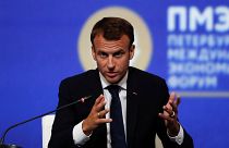 French President Macron speaks during trip to Russia