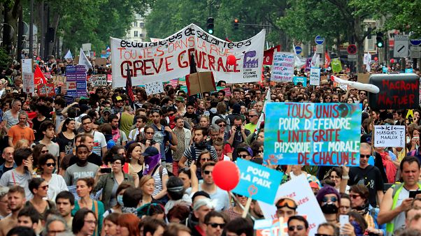 Manifestação em Paris contra políticas de Macron Manifestação em Paris contra políticas de Macron