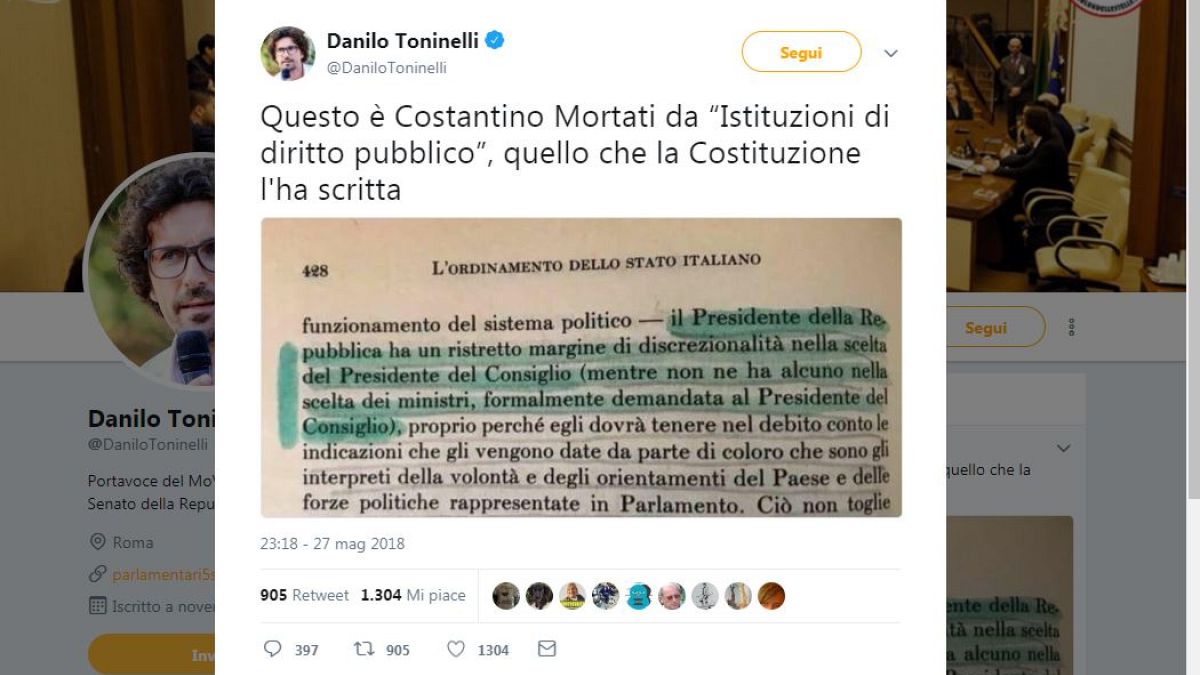 Crisi di governo, tweet bufala di Toninelli (M5S) sui poteri del Presidente: immediatamente smentito