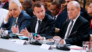 U.N. Envoy to Libya, Ghassan Salame, French President Emmanuel Macron and F