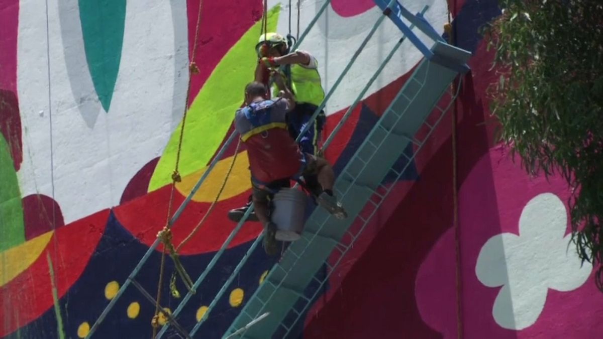A rescuer reaches a stranded painter in Mexico City