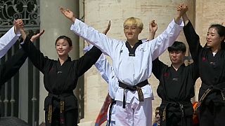 South Korean taekwondo athletes perform for Pope