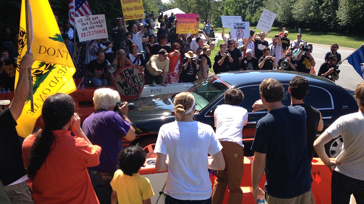 People protest against the 2012 Bilderberg meeting in Virginia, US.