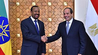 الرئيس المصري عبد الفتاح السيسي  يصافح رئيس الوزراء الاثيوبي أبي أحمد
