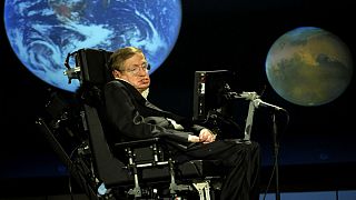 Stephen Hawking giving a lecture for NASA's 50th anniversary