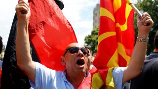 Macedonian opposition supporters protesting against the name change deal