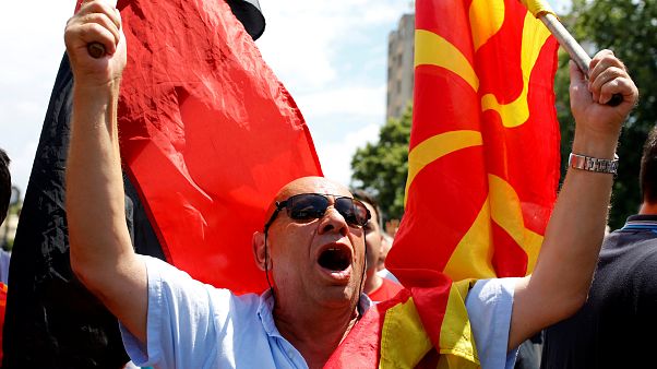 Macedonian opposition supporters protesting against the name change deal Macedonian opposition supporters protesting against the name change deal