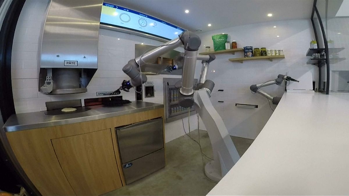 A robot making a pizza