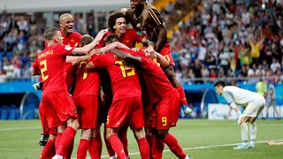 Belgium's Nacer Chadli celebrates scoring their third goal