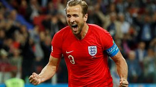 Harry Kane reacts after scoring a penalty against Colombia.