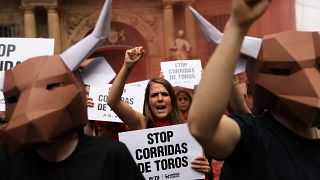 Corsa dei tori, la protesta degli animalisti a Pamplona