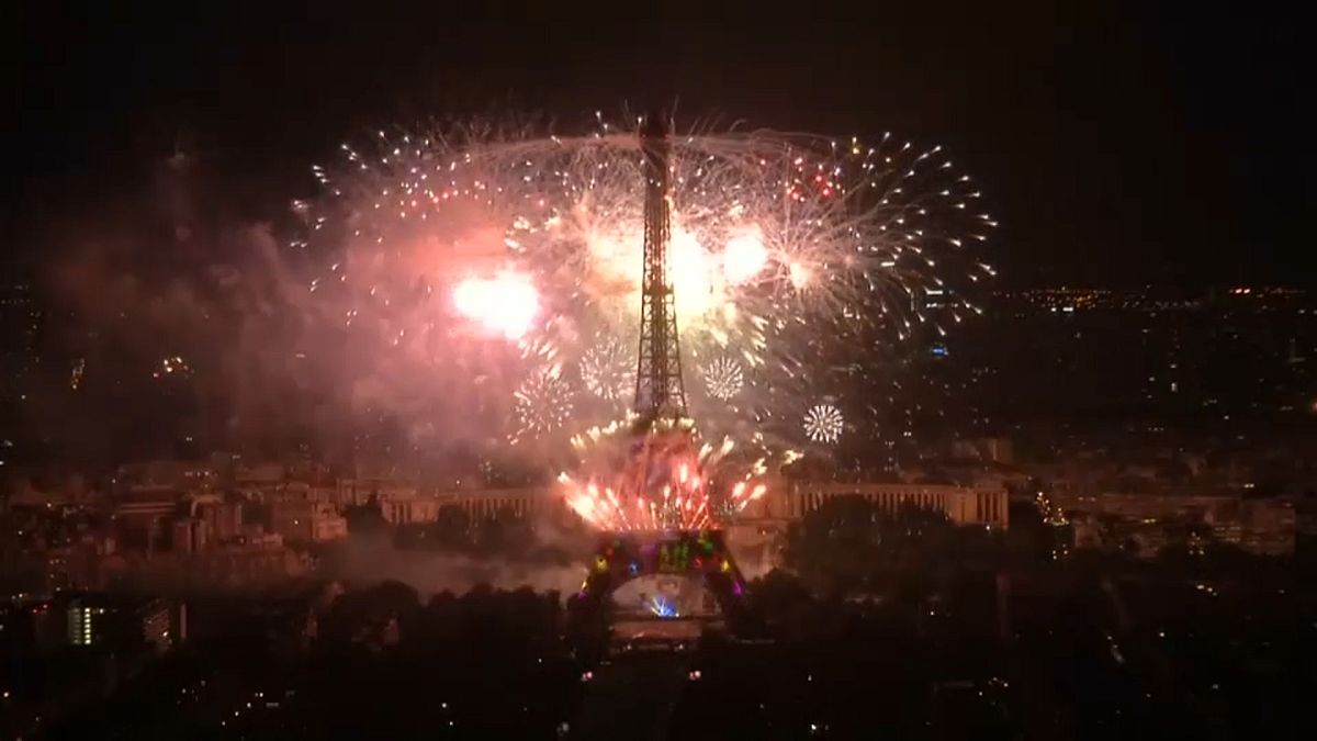 Fireworks at Eiffel Tower celebrate Bastille Day