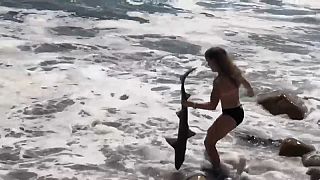 Mädchen trägt Hai mit bloßen Händen ins Wasser