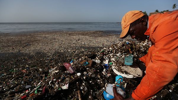 Un fonctionnaire ramasse des débris de plastique en République Dominicaine Un fonctionnaire ramasse des débris de plastique en République Dominicaine