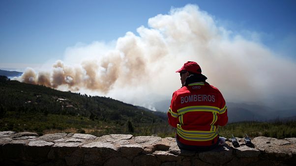 Ein Feuerwehrmann blickt in seiner Pause auf die Waldbrände bei Monchique. Ein Feuerwehrmann blickt in seiner Pause auf die Waldbrände bei Monchique.