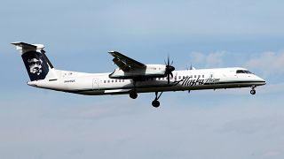 A Horizon Air Bombardier Dash 8 Q400 lands at Calgary airport