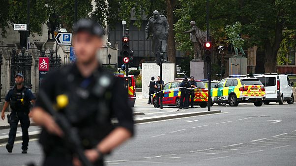 Perímetro de segurança em torno do Parlamento britânico Perímetro de segurança em torno do Parlamento britânico