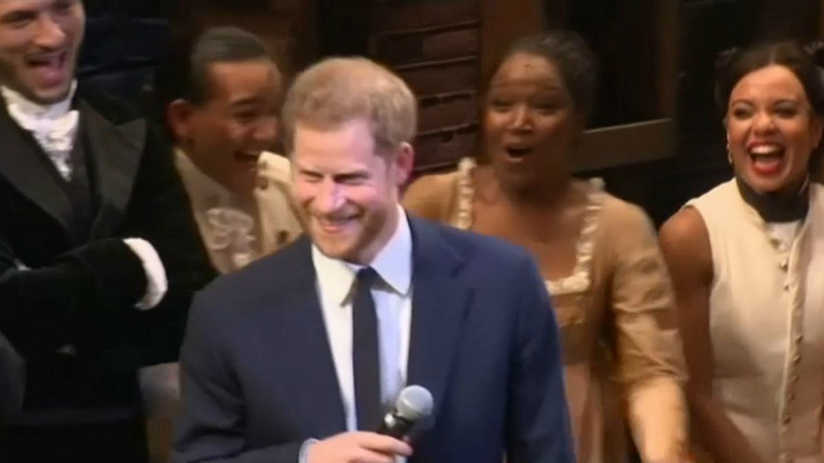Watch: Prince Harry warms up vocal chords at Hamilton musical show