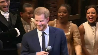 Watch: Prince Harry warms up vocal chords at Hamilton musical show