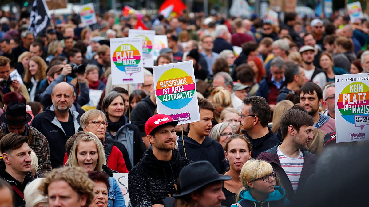 People protest against an AfD demonstration in Chemnitz on Sept. 1, 2018.