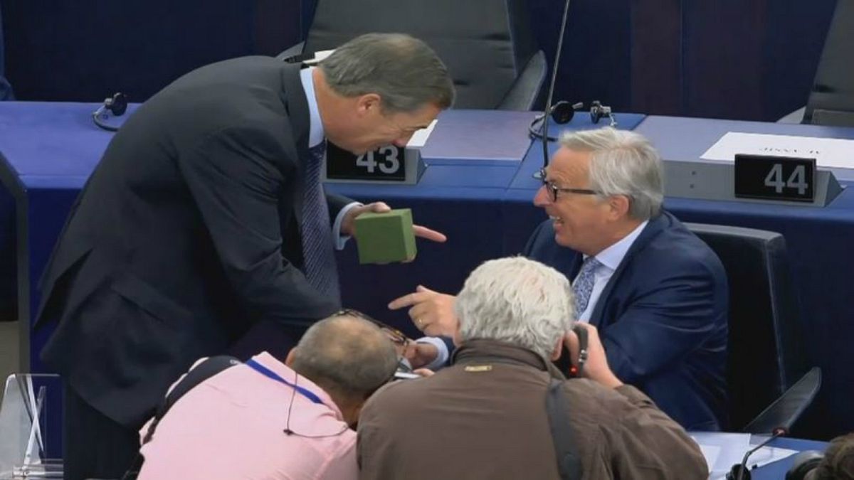 Sock it to him: Farage presents Juncker with gift at State of the Union