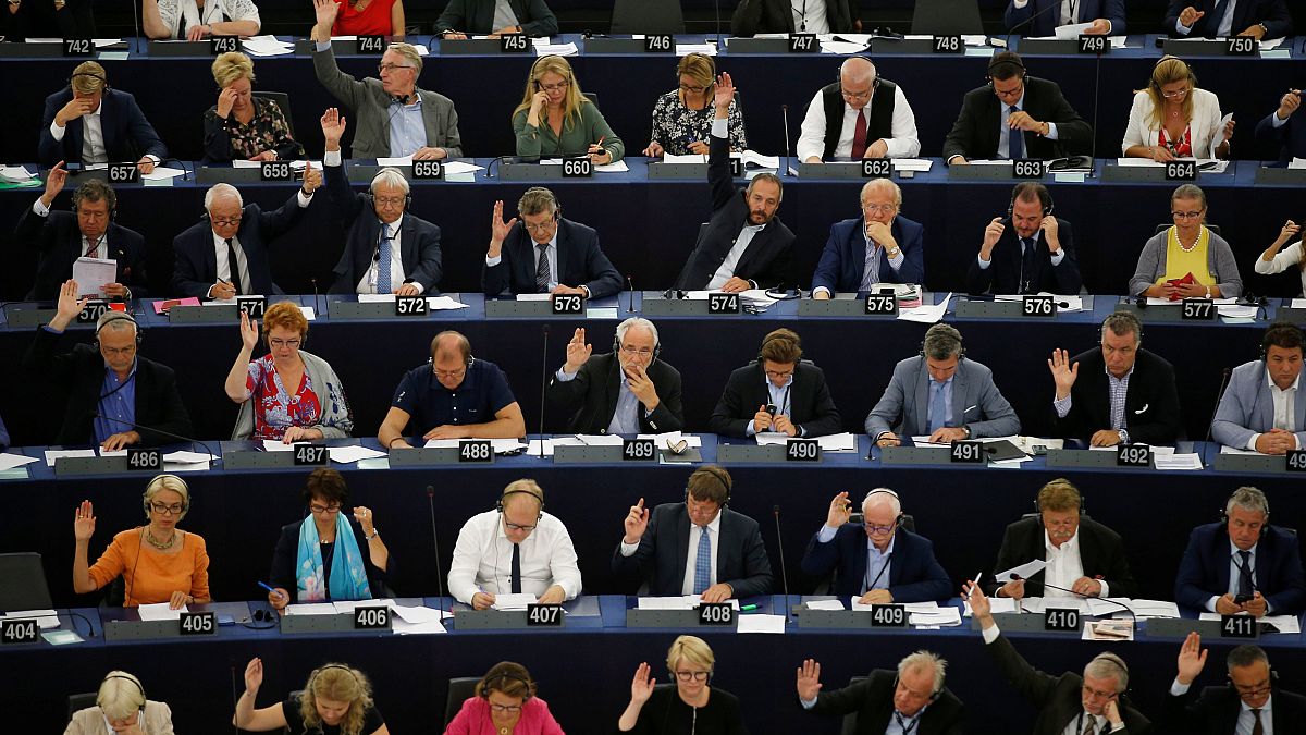 Members of the European Parliament vote on a copyright law in Strasbourg