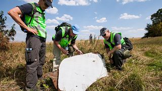 Dutch and Australian officers inspect the site of the MH17 crash.