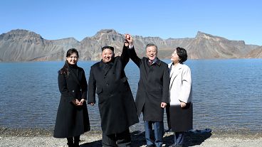 Leaders Kim and Moon visiting sacred volcano Mount Paektu