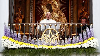 Pope Francis speaks at the Gate of Dawn shrine in Vilnius, Lithuania