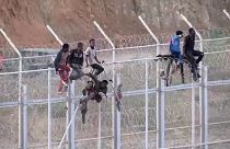 Inmigrantes africanos en la valla fronteriza en Ceuta.