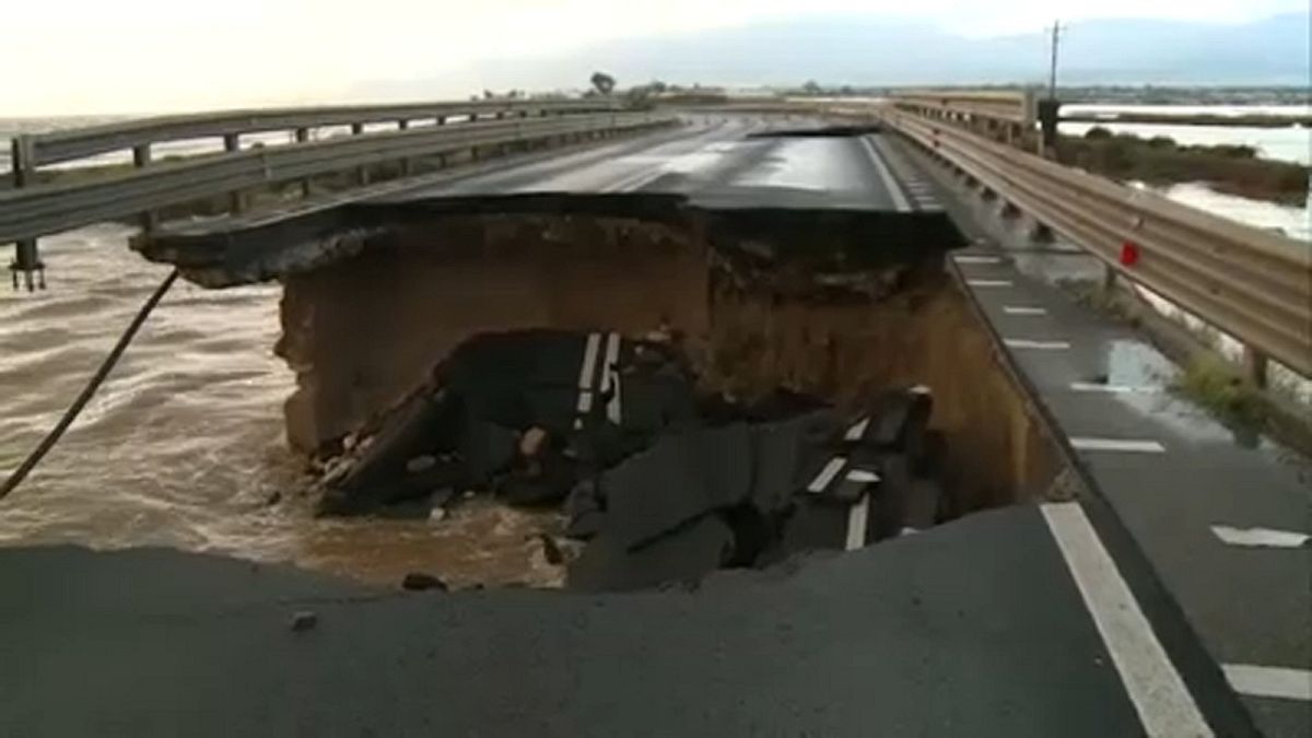 Flooding in Sardinia causes bridge collapse