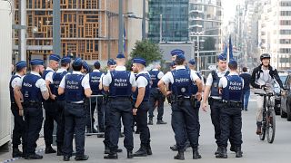 Police officers are seen outside the EU Council ahead of the European Union